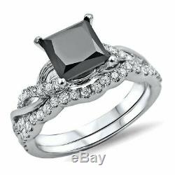 4Ct Princess Cut Black Diamond Bridal Set Engagement Ring 18K White Gold Finish