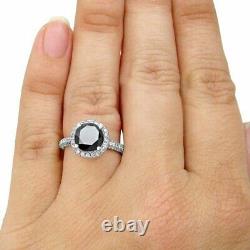 4Ct Round Cut Black Diamond Pave Set Halo Engagement Ring 14K White Gold Finish