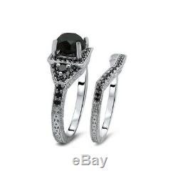 4Ct Round Cut Black Diamond Vintage Bridal Set Ring Band 14K White Gold Finish