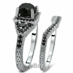 4Ct Round Cut Black Diamond Vintage Bridal Set Ring Band 14K White Gold Finish