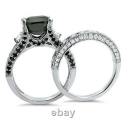 4.50Ct Black Diamond Solitaire Bridal Engagement Ring Set 14K White Gold Finish