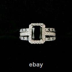 4.80Ct Emerald Cut Black Diamond Trio Set Engagement Ring 14K White Gold Finish