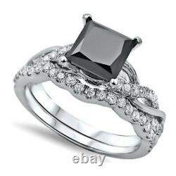 4 Ct Simulated Black Diamond Bridal Set Engagement Ring 14K White Gold Finish