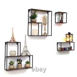 4-PC Set Wall Mount Creativity Black Metal Frame Wood Finish Floating Shelves