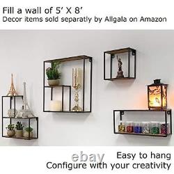 4-PC Set Wall Mount Creativity Black Metal Frame Wood Finish Floating Shelves