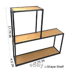 4-PC Set Wall Mount Creativity Black Metal Frame Wood Finish Floating Shelves