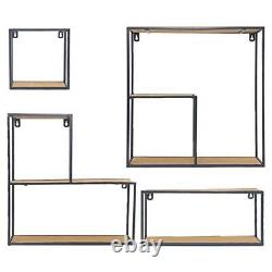 4-PC Set Wall Mount Creativity Black Metal Frame Wood Finish Floating Shelves