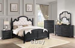 4 Pc Black Finish Beige Upholstered Queen Bed Ns Dresser Bedroom Furniture Set