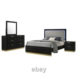 4 Pc Black Finish Grey Fabric Led King Bed N/s Dresser Bedroom Furniture Set