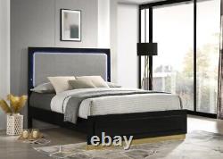 4 Pc Black Finish Grey Fabric Led King Bed N/s Dresser Bedroom Furniture Set