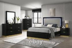 4 Pc Black Finish Grey Fabric Led King Bed N/s Dresser Bedroom Furniture Set