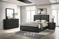 4 Pc Black Finish Grey Fabric Upholstered Bed Ns Dresser Bedroom Furniture Set