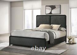 4 Pc Black Finish Grey Fabric Upholstered Bed Ns Dresser Bedroom Furniture Set