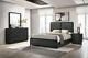 4 Pc Black Finish Grey Fabric Upholstered King Bed Dresser Bedroom Furniture Set