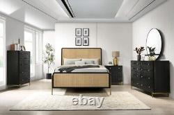 4 Pc Woven Rattan Black Finish Queen Bed Ns Dresser Mirror Bedroom Furniture Set