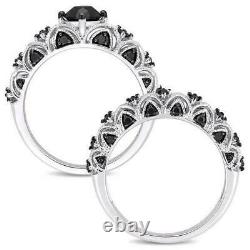 4ct Round Cut Black Diamond Bridal Set Vintage Ring Band 14k White Gold Finish