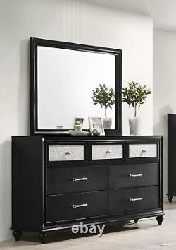 4pc Modern Black Finish Faux Crystal Tufted Queen Size Panel Wooden Bedroom Set
