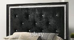 4pc Modern Black Finish Faux Crystal Tufted Queen Size Panel Wooden Bedroom Set