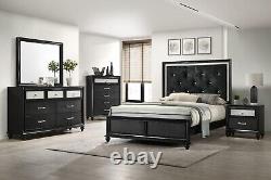 4pc Modern Black Finish Faux Crystal Tufted Queen Size Panel Wooden Bedroom Set