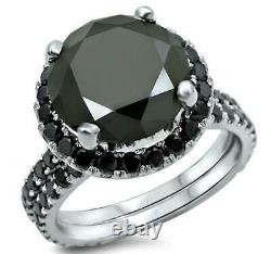 5Ct Round Black Diamond Halo Bridal Engagement Ring Set 14K White Gold Finish