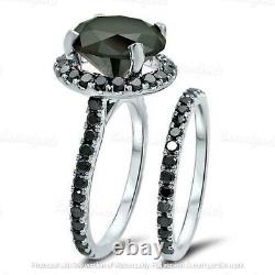 5Ct Round Black Diamond Halo Bridal Simulated Ring Set 14K White Gold Finish