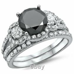 5Ct Round Cut Black Diamond Bridal Set Engagement Ring 14K White Gold Finish