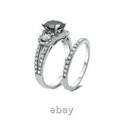 5Ct Round Cut Black Diamond Bridal Set Engagement Ring 14K White Gold Finish