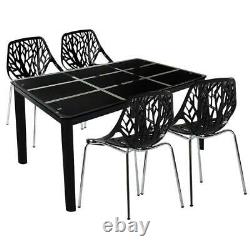 5PCS Dining Set Armchair Plastic Lounge Chairs and Rectangle Glass Dining Table
