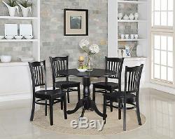 5PC SET ROUND KITCHEN TABLE with 4 WOOD SEAT CHAIRS IN BLACK FINISH