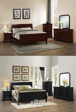 5Pc Queen/ King Sleigh Bedroom Set Louis Philippe Style in Black/ Cherry Finish