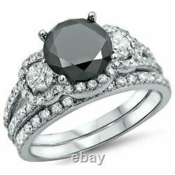 5.5ct Round Cut Black Diamond Bridal Set Engagement Ring 14K White Gold Finish