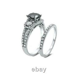 5.5ct Round Cut Black Diamond Bridal Set Engagement Ring 14K White Gold Finish