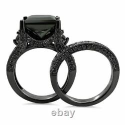 5 Ct Princess-Cut Black Diamond Bridal Engagement Ring Set 14k Black Gold Finish