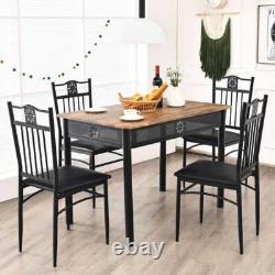 5-Piece Black Dining Set Metal Table and 4-Chairs Kitchen Breakfast Furniture