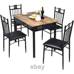 5-Piece Black Dining Set Metal Table and 4-Chairs Kitchen Breakfast Furniture