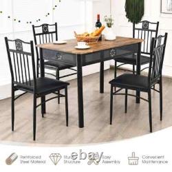 5-Piece Black Dining Set Metal Table and 4-Chairs Kitchen Breakfast Furniture