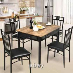 5-Piece Black Dining Set Metal Table and 4-Chairs Kitchen Breakfast Furniture