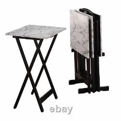 5-Piece White Faux Marble TV Snack Food Tray Set Black Stand Dining Cart Storage