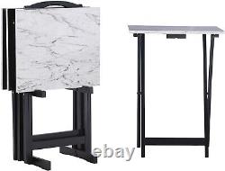 5-Piece White Faux Marble TV Snack Food Tray Set Black Stand Dining Cart Storage