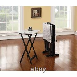 5-Piece White Faux Marble TV Snack Food Tray Set Black Stand Dining Cart Storage