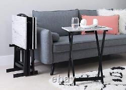 5-Piece White Faux Marble TV Snack Food Tray Set Black Stand Dining Cart Storage