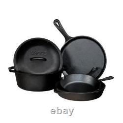 5-Pieces Cast Iron Durable Kitchenware Black Finish Lodge Round Cookware Set
