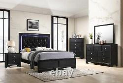 5pc Upholstery California King Panel LED Light HB Bed Set Black Finish Furniture