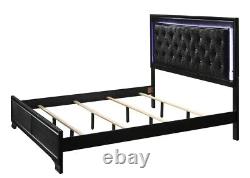 5pc Upholstery California King Panel LED Light HB Bed Set Black Finish Furniture
