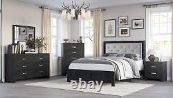 6Pc King Size LED Headboard Panel Bed Set Black Finish Wooden Fabric Furniture