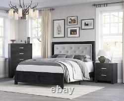 6Pc Queen Size LED Headboard Panel Bed Set Black Finish Wooden Fabric Furniture