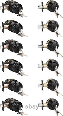 6 Pack Entry Door Knob and Single Cylinder Deadbolt Combo Set in Matte Black