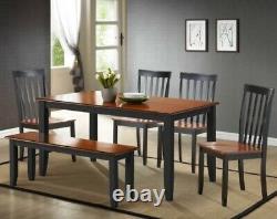 6 Pc Black & Cherry Finish Dining Set Kitchen Table Chairs Bench Wood Furniture