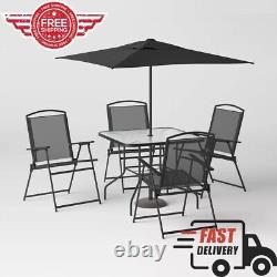 6pc Black-finish steel Patio Dining Set with Umbrella, Outdoor Furniture Set