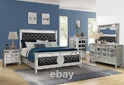 6pc Luxury Black Queen Size Bed Silver Finish Solid Wood Bedroom Furniture Set